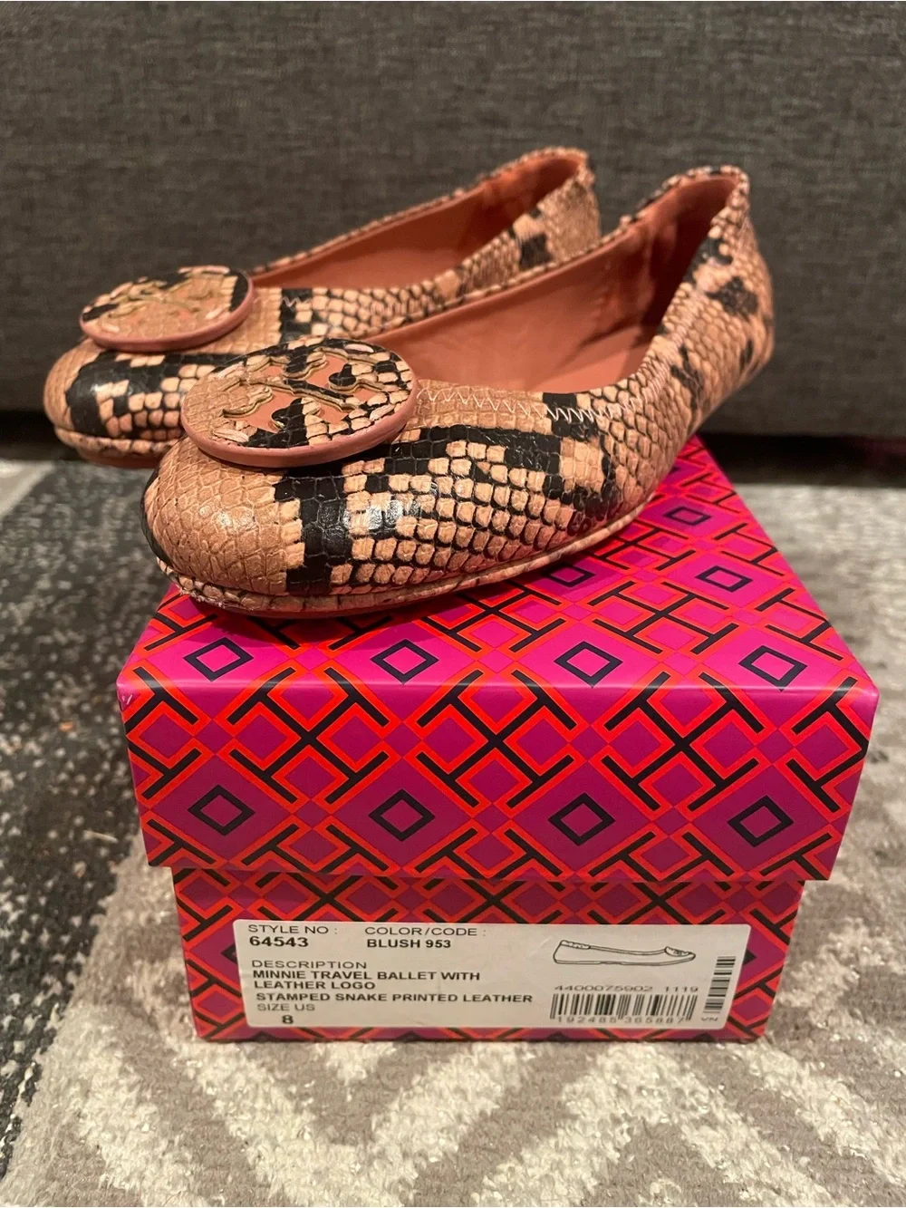 Tory Burch Blush Snake-Print Minnie Travel Ballet Flats